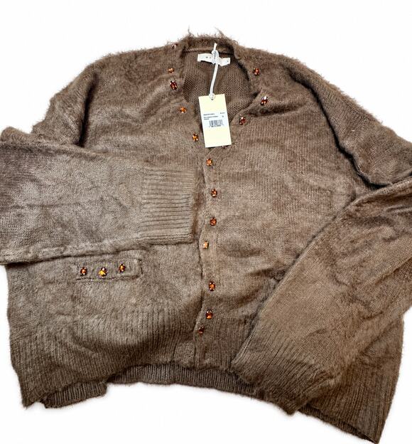 MNML Other - MNML Sky Jeweled Cardigan Sweater Men’s XL Brown Rhinestone Fuzzy Knit NWT Flaw